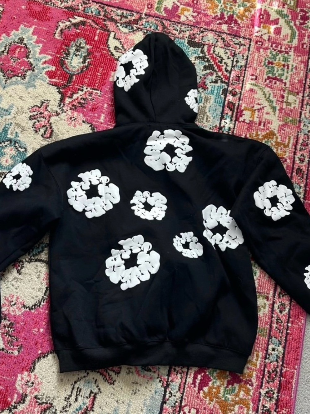 Frame Denim Black Hoodie with White Floral Cluster Prints